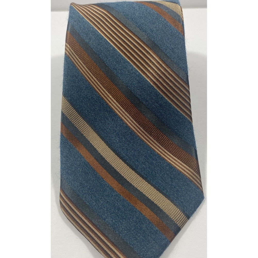 Jos A Bank Men's Silk Neck Tie Blue, Brown, Tan Repp Stripe 60''/3.5''